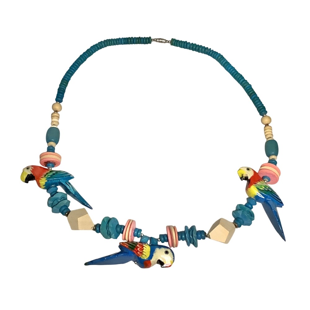 Vintage Tropical Bird Parrot Wooden Bead Statement Necklace Wearable Art to Wear